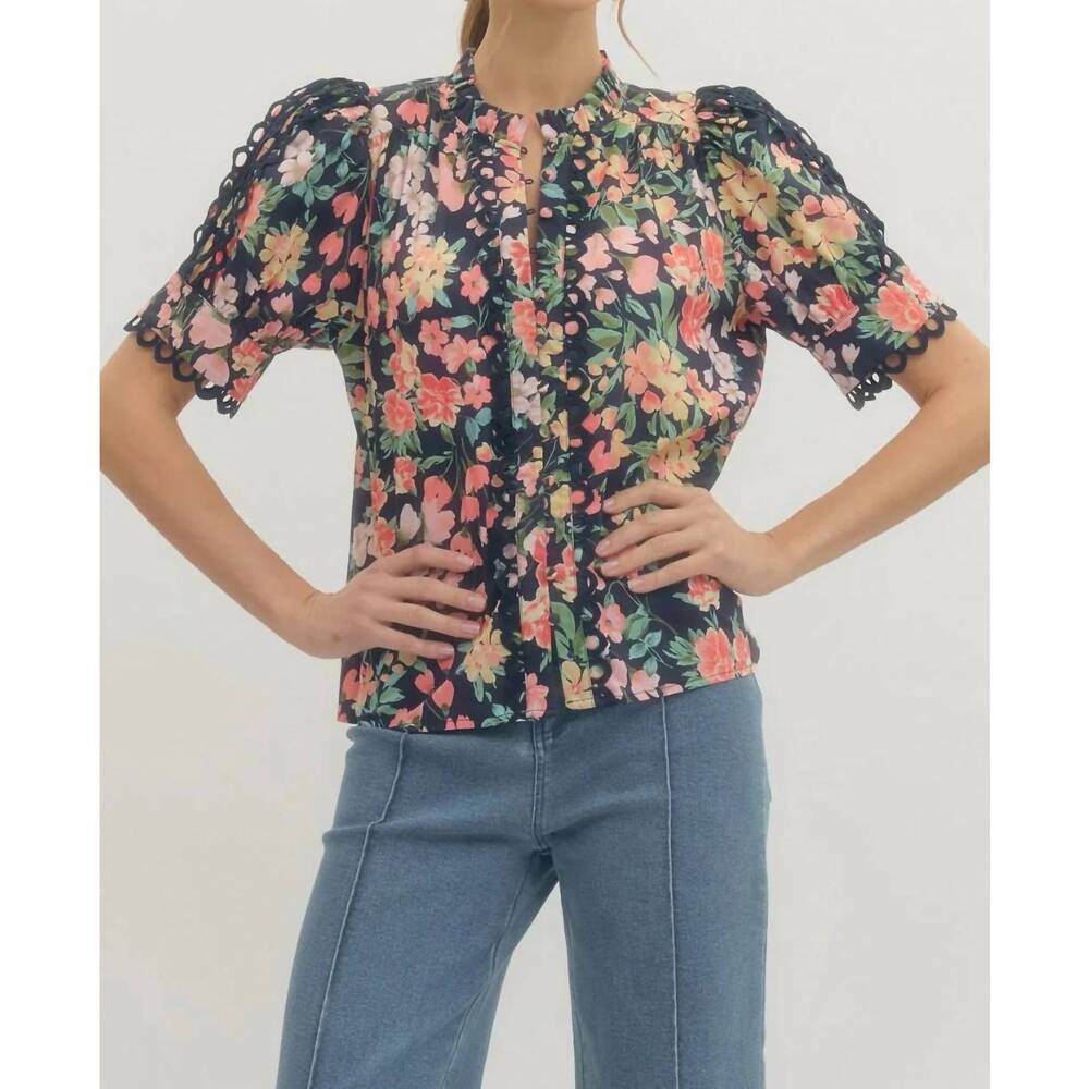 entro Floral Puff Sleeve Blouse in Navy, Pink, Coral & Green